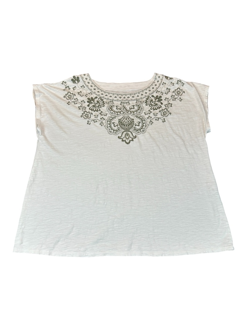 Pure Jill Embroidered Cap Sleeve Top Women's XL Off-White Slub Knit Boho Tee